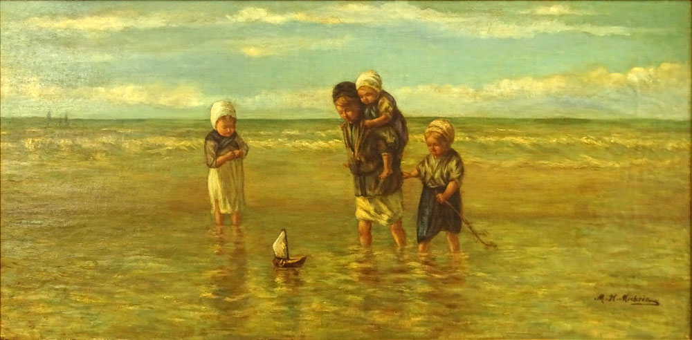 19/20th Century Oil Canvas, Wading Children with Toy Sailboat.