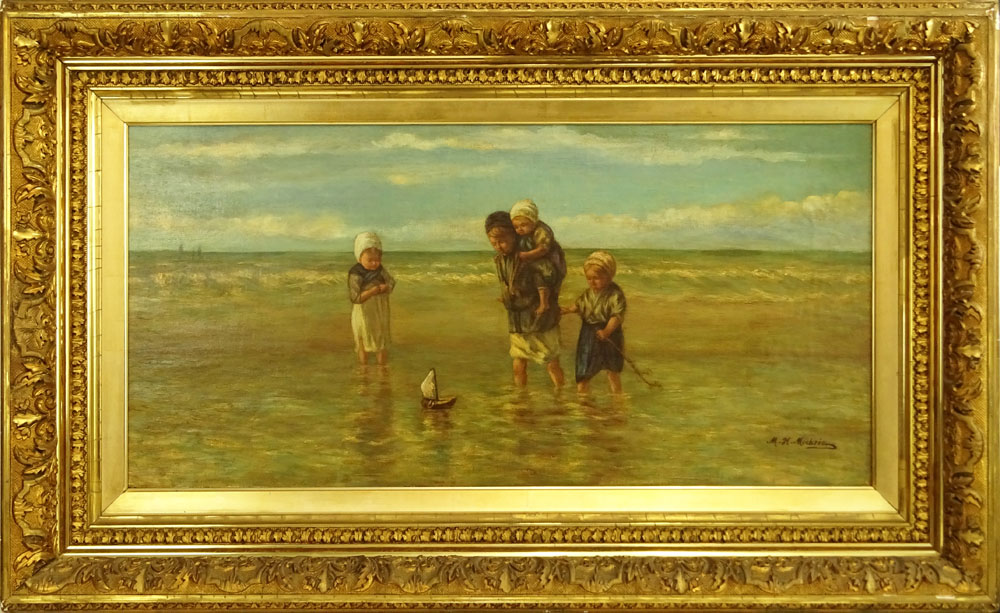19/20th Century Oil Canvas, Wading Children with Toy Sailboat.