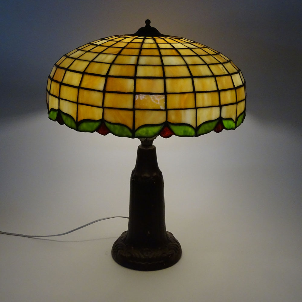 American Arts & Crafts Leaded Lamp. Pottery base.