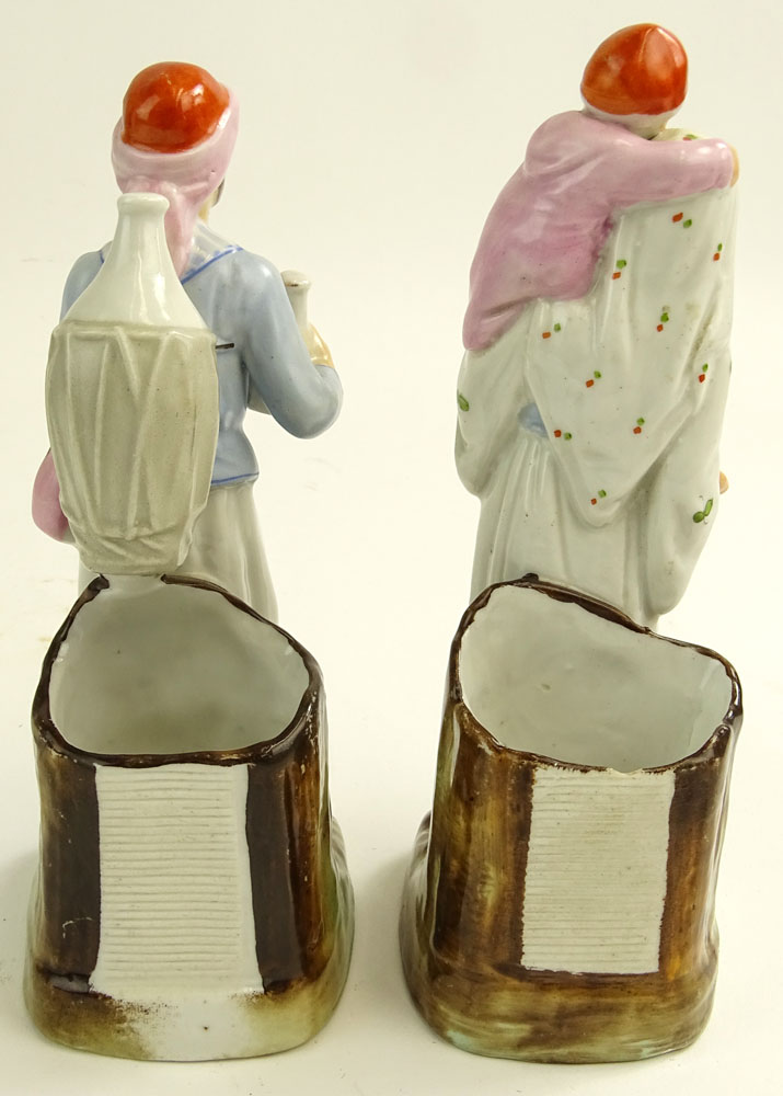 Pair of Vintage Turkish Hand Painted Porcelain Figural Vases. Man and woman with child.