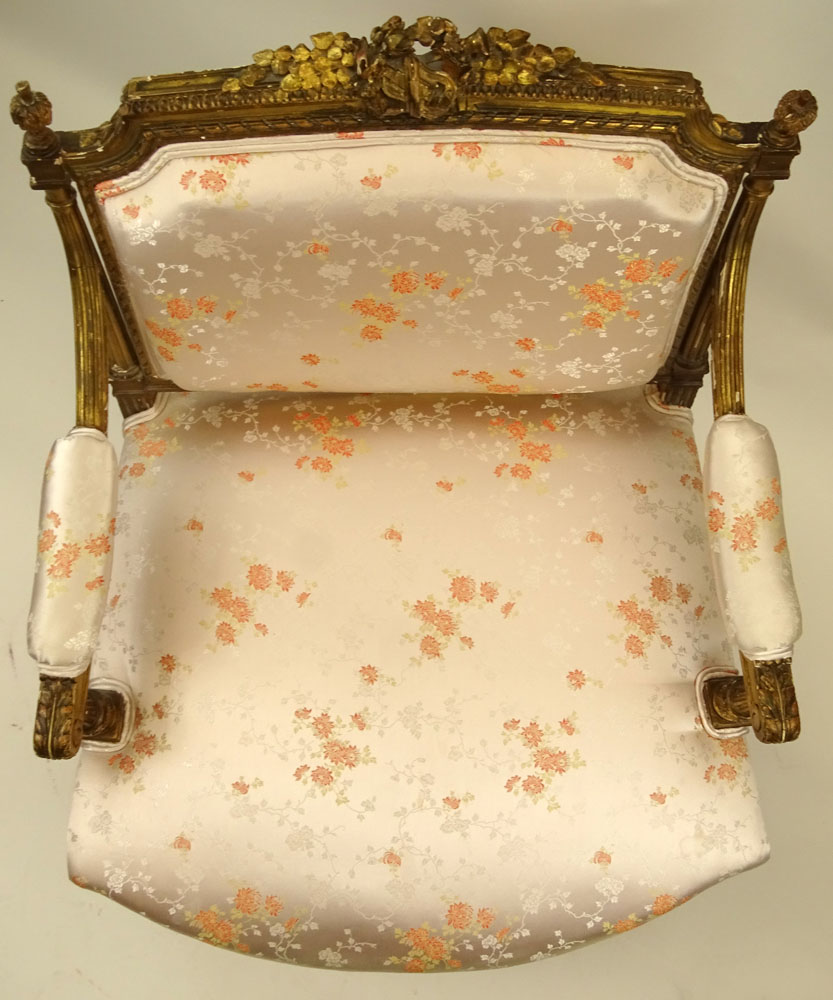 Louis XVl Style Giltwood and Upholstered Slipper Chair. Castor feet.