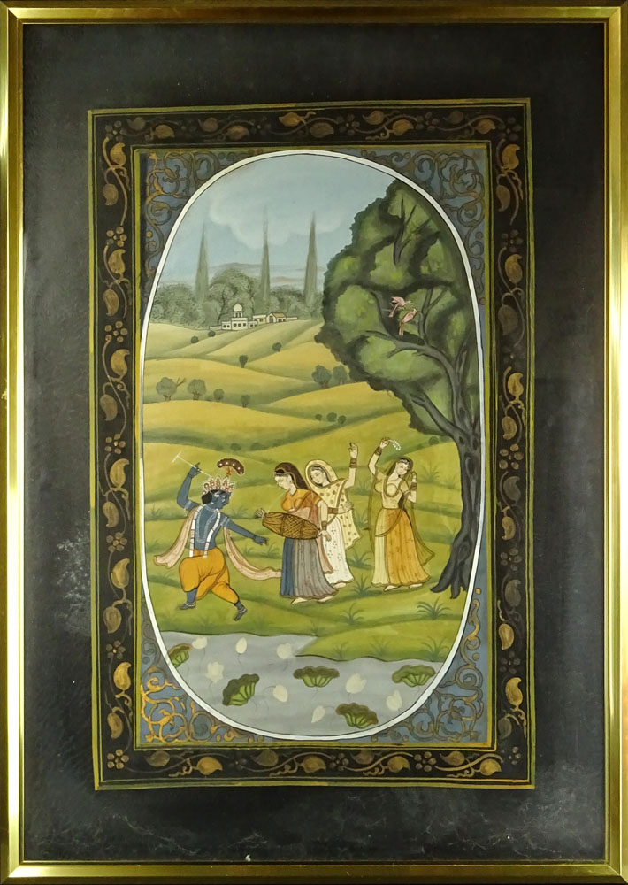 Vintage Two Sided Persian Gouache "Landscape With Figures" 