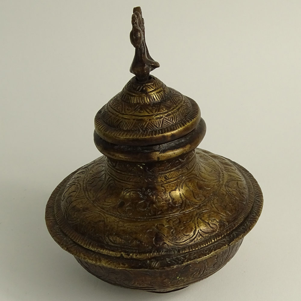 Antique Persian Near East Bronze Bottle with Figural Hinged Top.