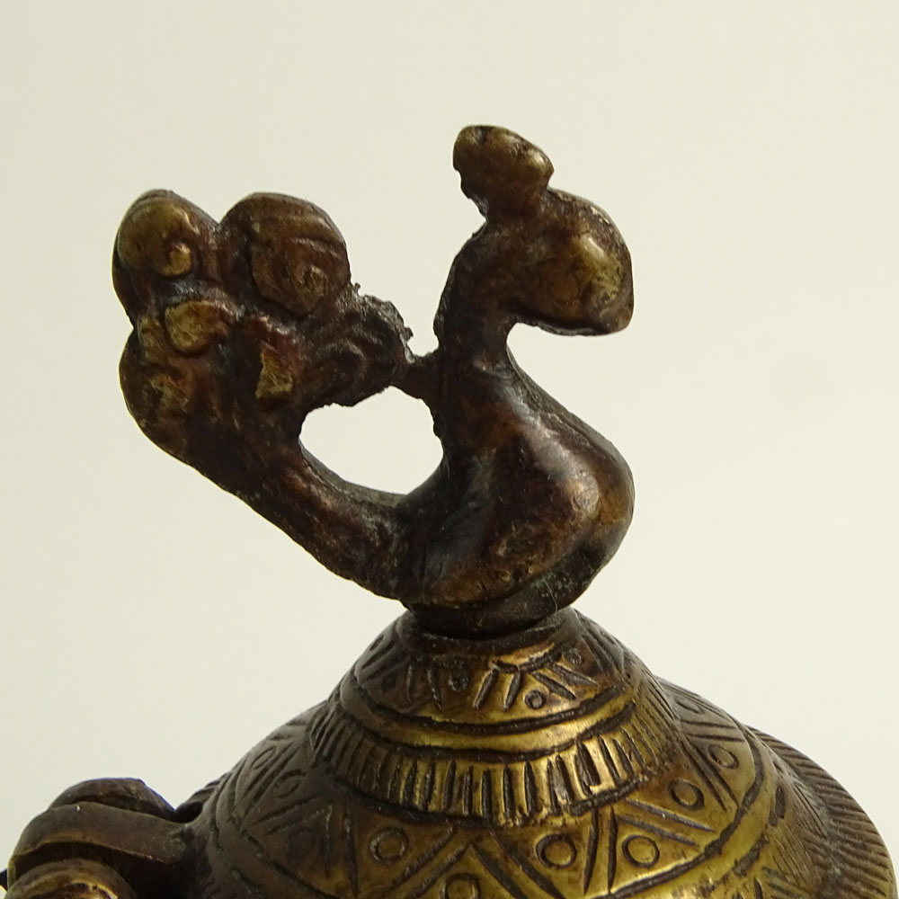 Antique Persian Near East Bronze Bottle with Figural Hinged Top.