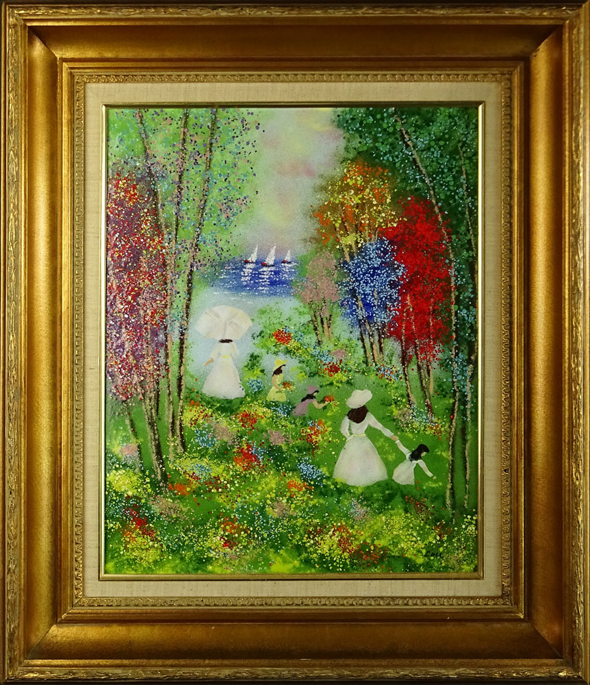 Vintage Enamel on Copper Painting "Figures By The Lake" Signed Cole. 