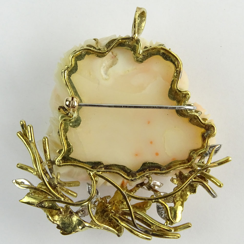 Vintage Italian Carved Angelskin Coral, Diamond and 14 Karat Yellow Gold Pendant/Brooch. 
