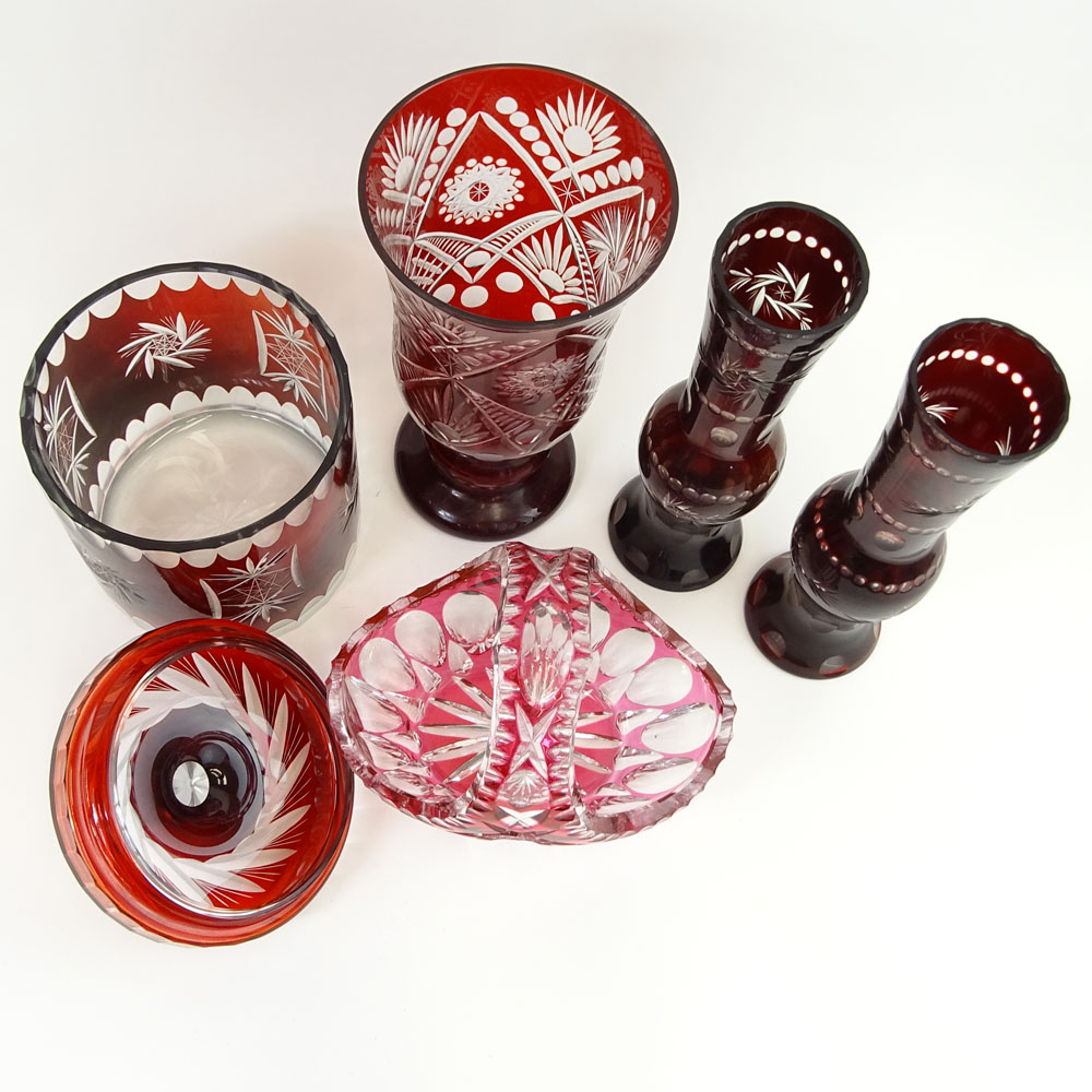 Collection of Five (5) Bohemian Ruby Glass Items. Lot includes pair of vases,  biscuit jar, basket, large vase. 
