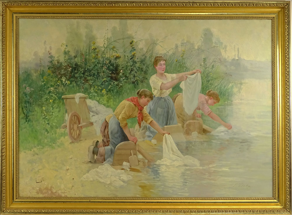 Pierre Testu, French (19/20th C) Oil on Canvas "Washing Day"