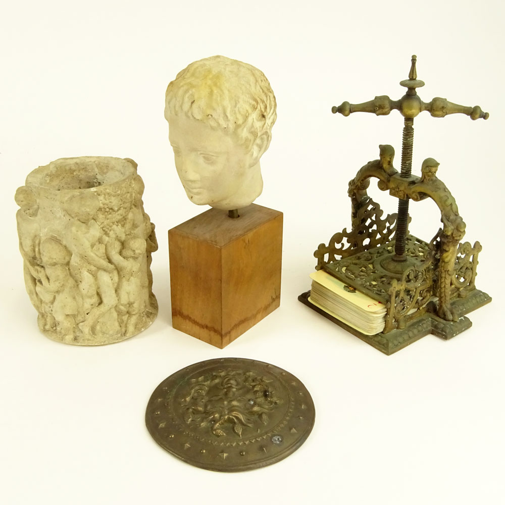 Lot of 4 Reproduction bust, 7"; ancient style figural vase; bronze Medusa plaque; bronze miniature flower press. 