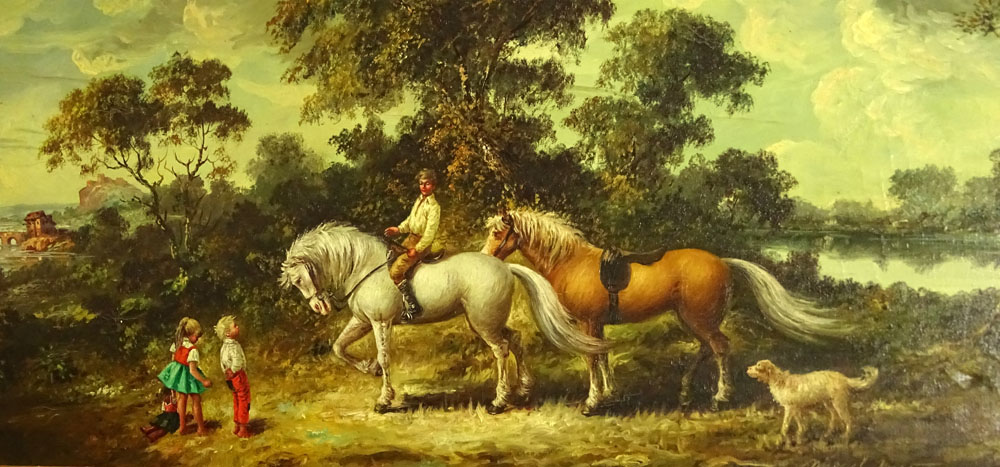 20th Century Continental, Possibly Hungarian Oil on Canvas "Landscape with Horses and Children" 