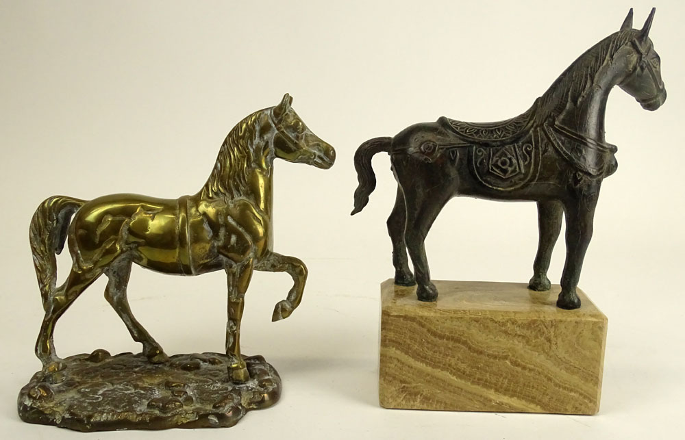 Lot of Two (2) Decorative Horse Figurines. A Tang Style Bronze Horse on Marble Base.