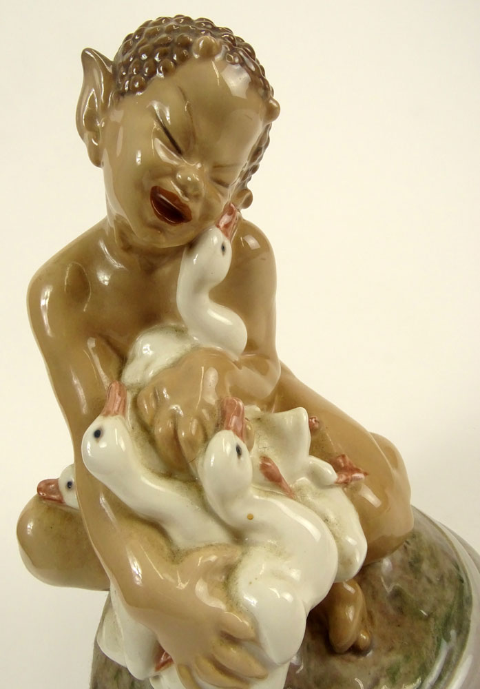 Large Royal Copenhagen Porcelain Figurine "Satyr With Geese" 
