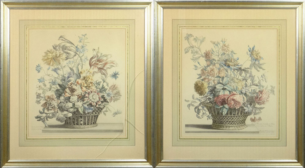  Two (2) 20th Century Hand Colored Engravings "Still Life with Flowers in Basket".