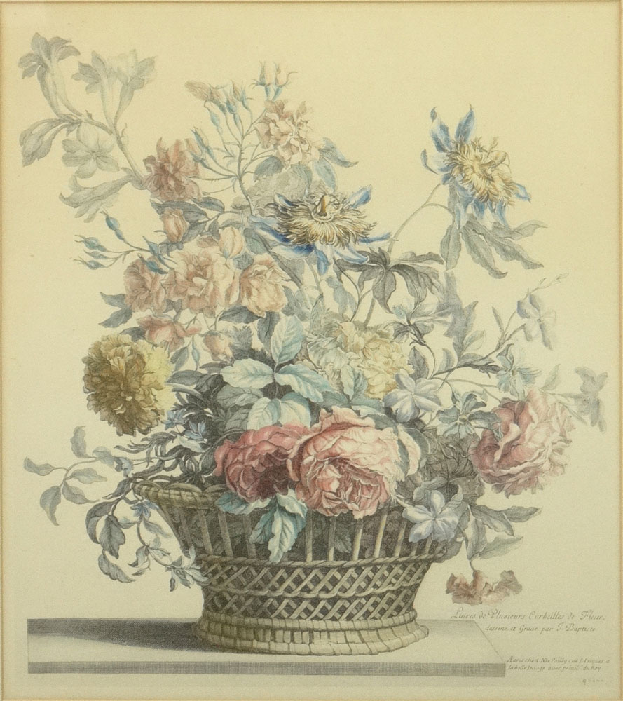  Two (2) 20th Century Hand Colored Engravings "Still Life with Flowers in Basket".