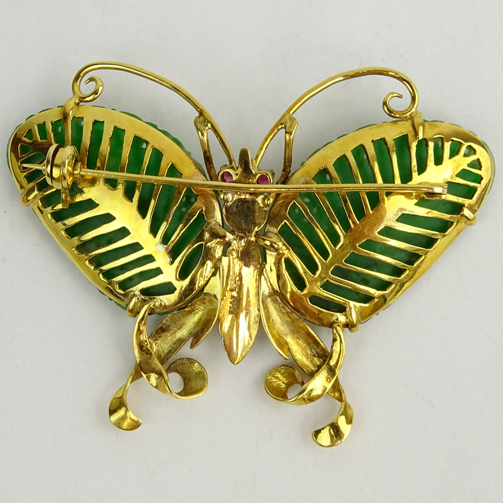 Vintage Carved Jadeite and 14 Karat Yellow Gold Butterfly Brooch.