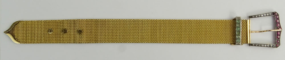 Antique 14 Karat Yellow Gold Diamond and Gemstone Belt Buckle Mesh Bracelet.
