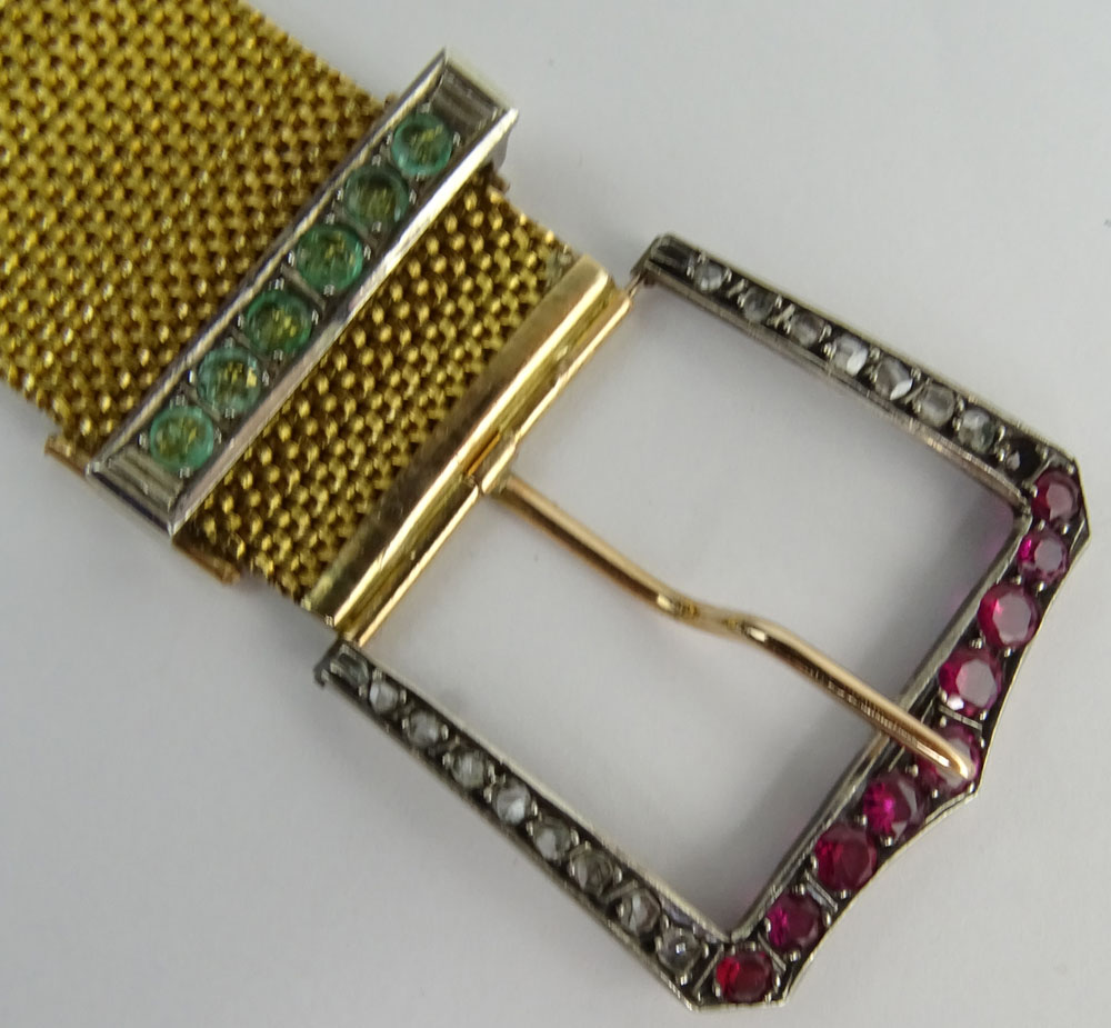 Antique 14 Karat Yellow Gold Diamond and Gemstone Belt Buckle Mesh Bracelet.