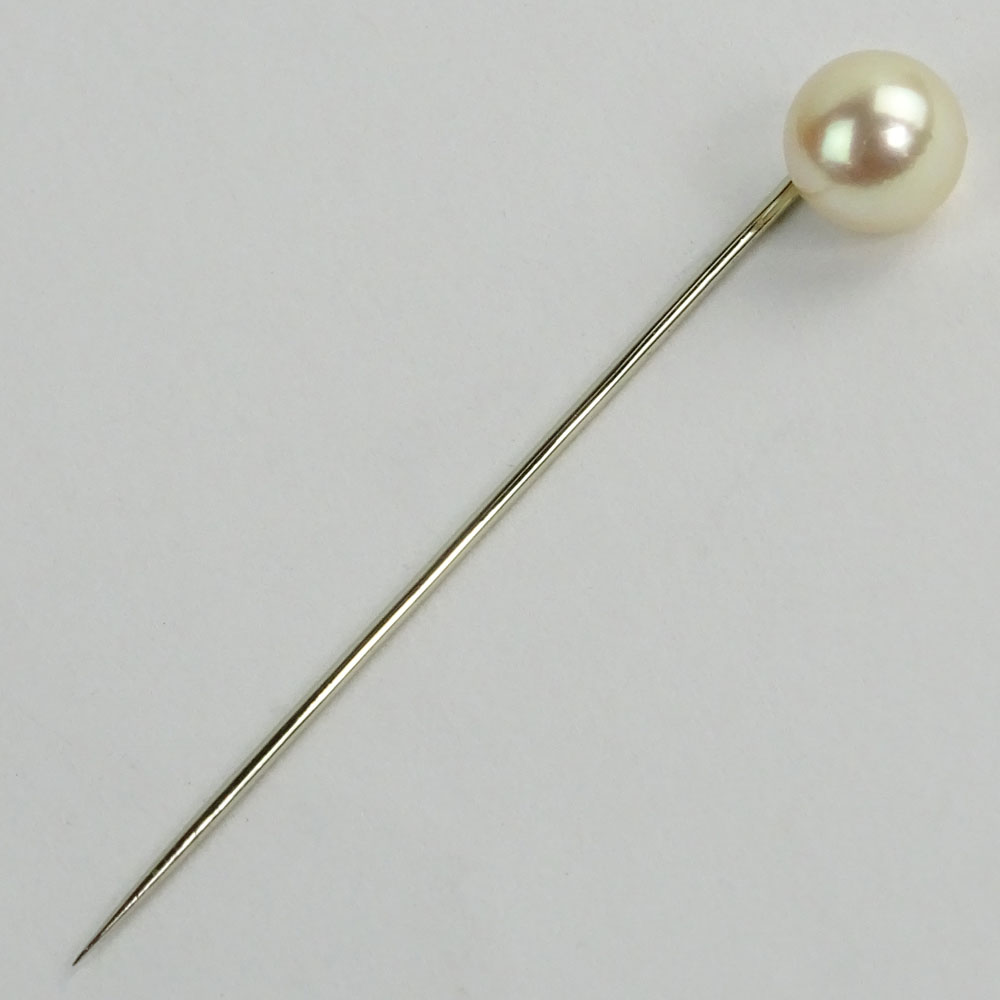 Circa 1970's Bulgari White Pearl and 14 Karat White Gold Stickpin in original fitted Bulgari box.