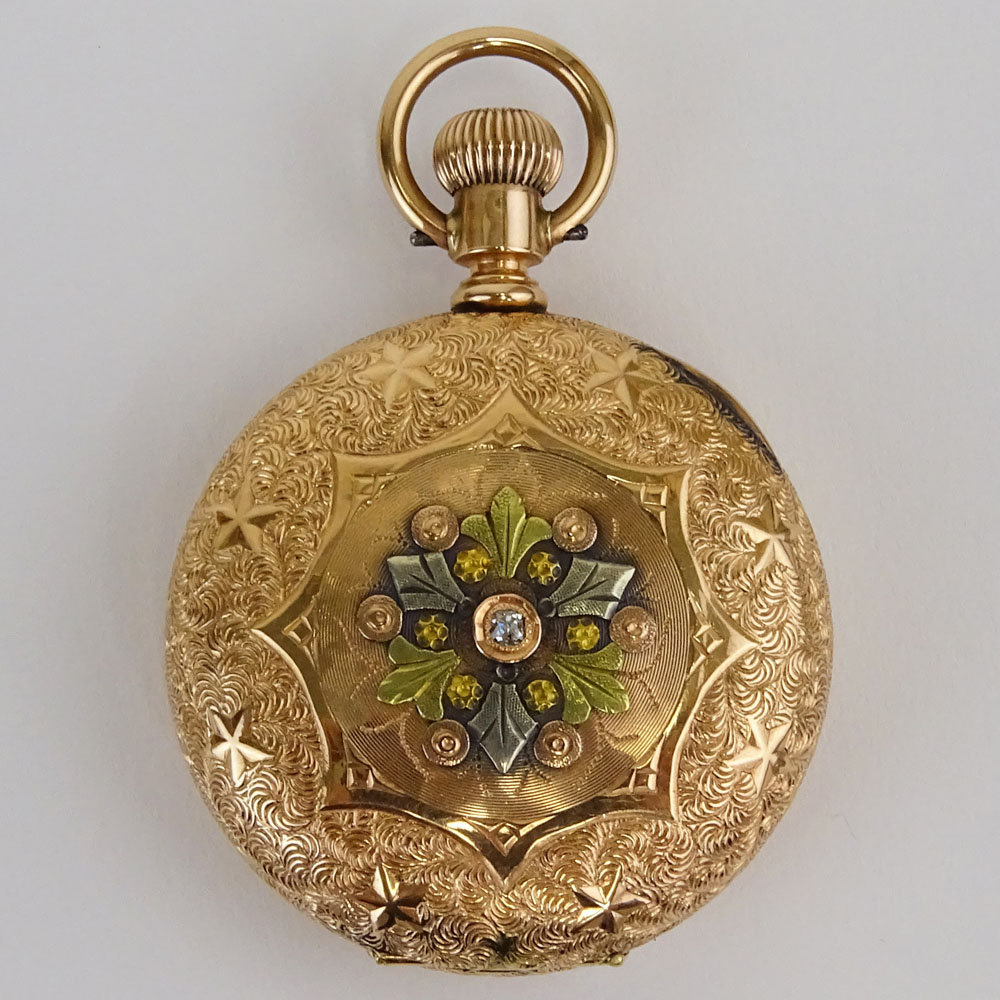Antique Waltham Tri Color 14K Gold Watch With Inset Diamond.
