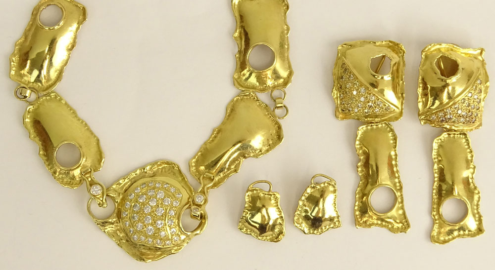 Baruch Hadaya, Israeli 18 Karat Yellow Gold and Diamond Necklace and Two Pair Earclip Suite.