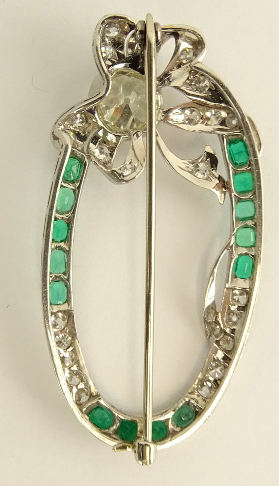 Art Deco Approx. 3.0 Carat Diamond, 1.50 Carat Emerald and Platinum Brooch set with approx. 2.15 Carat Diamond. 
