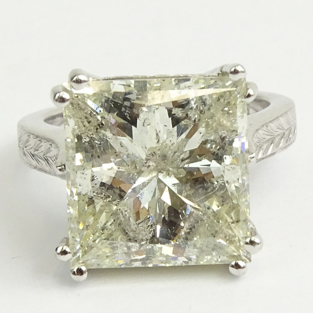 13.79 Carat Pricess Cut Diamond and 18 Karat White Gold Engagement Ring.