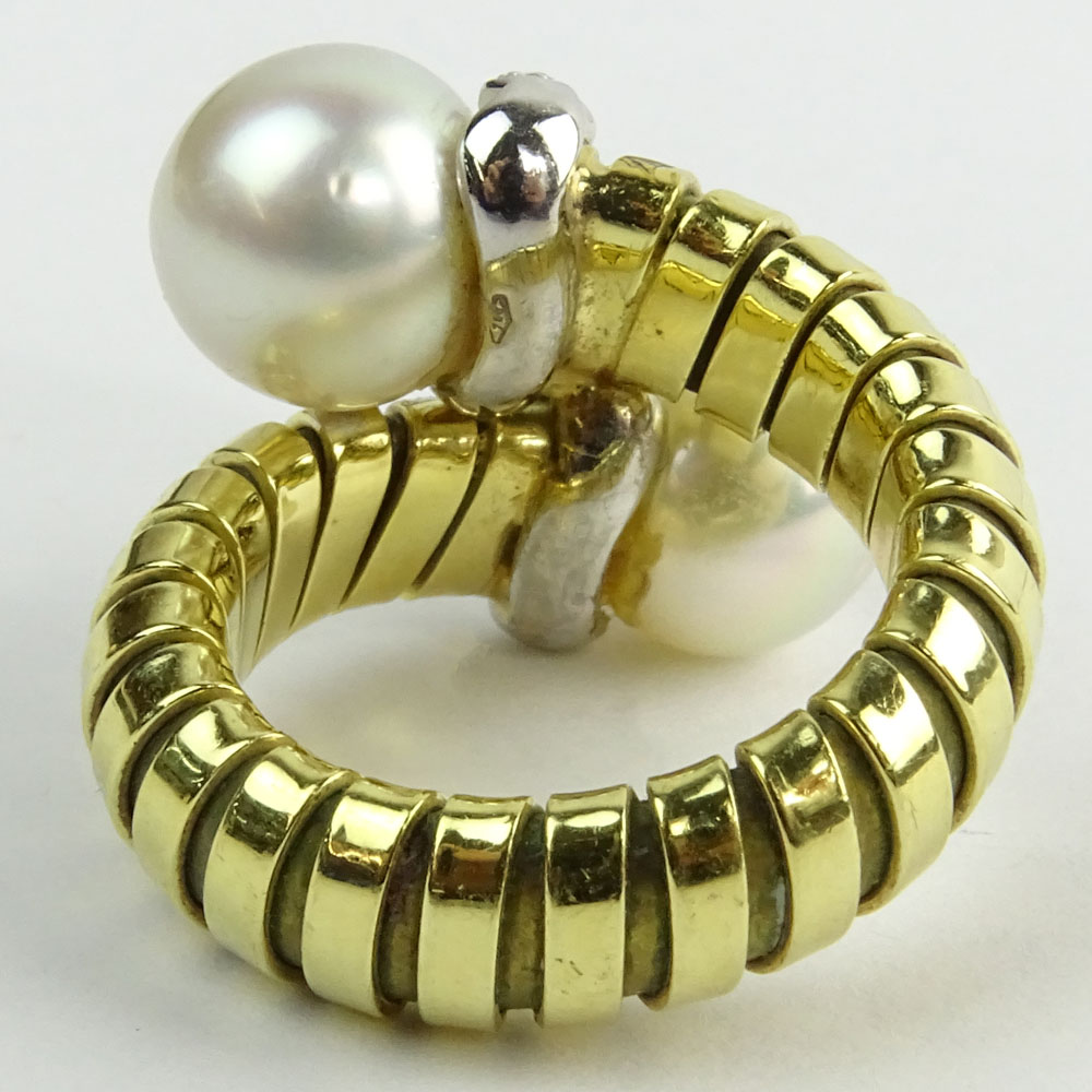 Vintage Bulgari style 18 Karat Yellow Gold, Pearl and Diamond Cross Over Ring. 