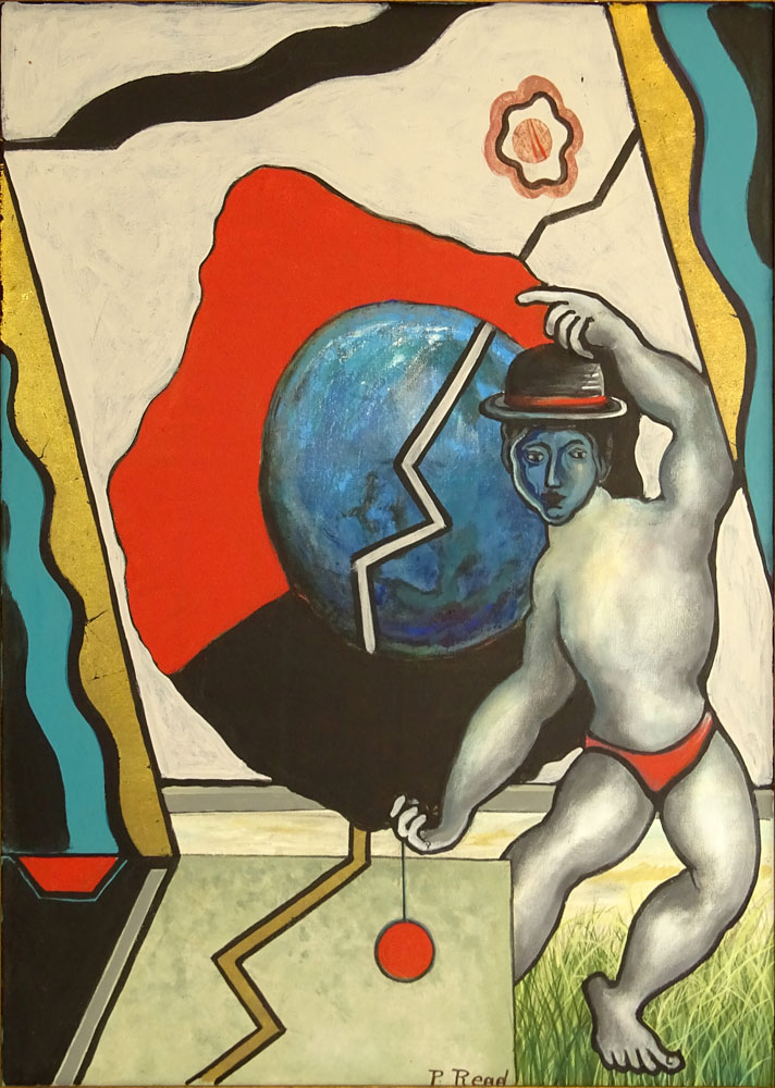 Philip Standish Read, American (1927-2000) oil Painting on Canvas "Man With World"