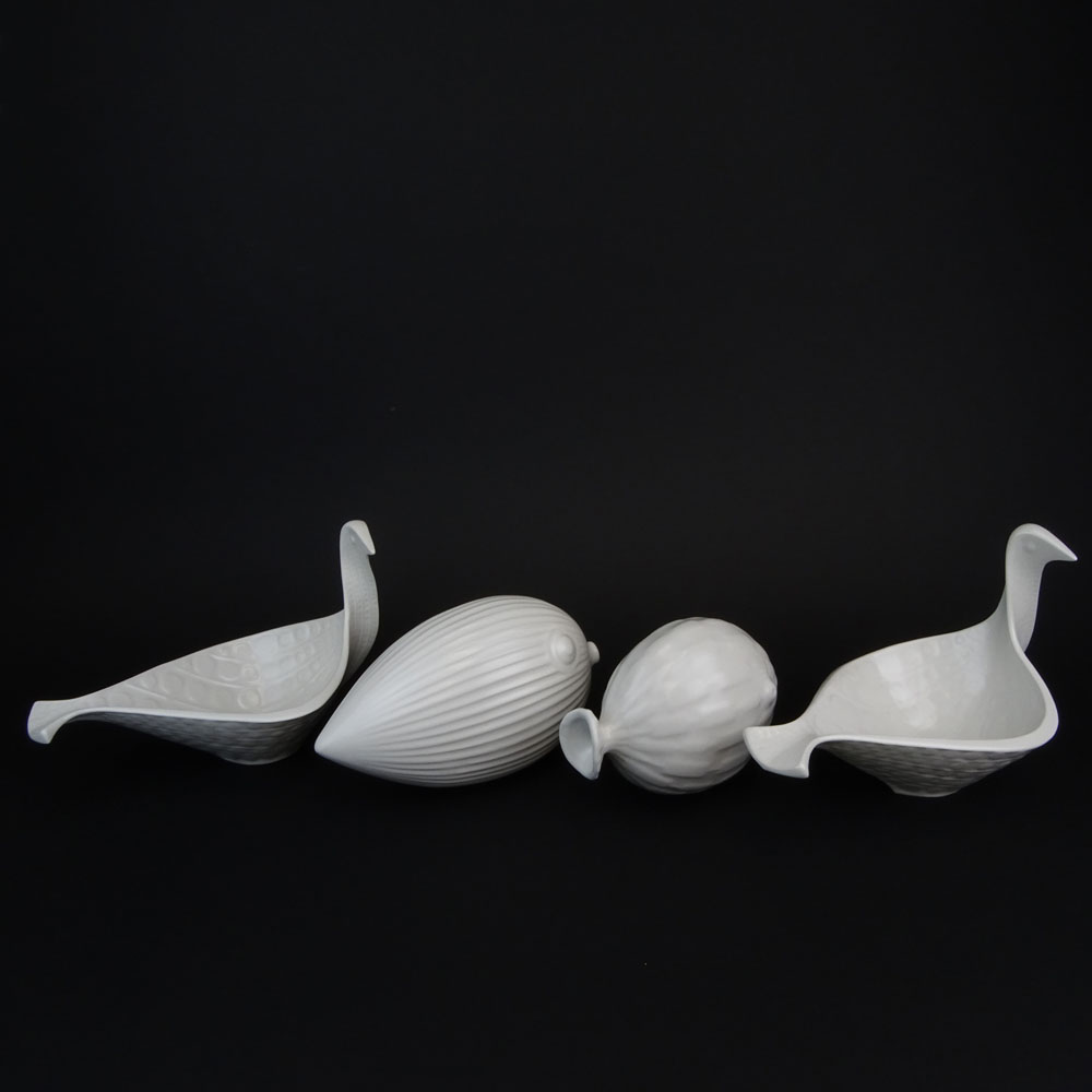 Lot of Four (4) Jonathan Adler White Pottery Decorative Items. Includes a pair of "Menagerie" Bird Bowls and two (2) "Puffer Fish" figures.