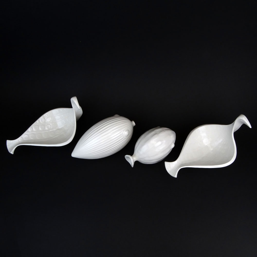 Lot of Four (4) Jonathan Adler White Pottery Decorative Items. Includes a pair of "Menagerie" Bird Bowls and two (2) "Puffer Fish" figures.