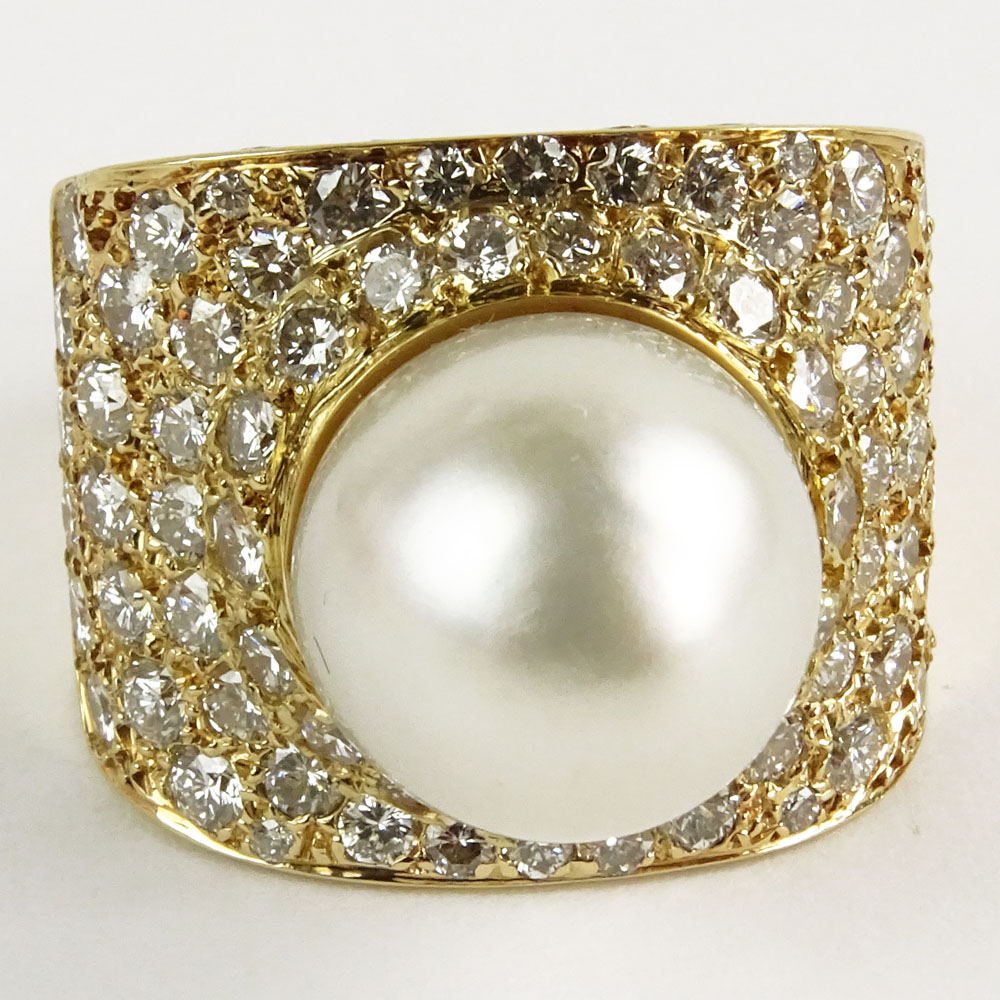 Lady's Approx. 6.75 carat Round Brilliant Cut Diamond, 13.5mm South Sea Pearl and 18 Karat Yellow Gold Ring.