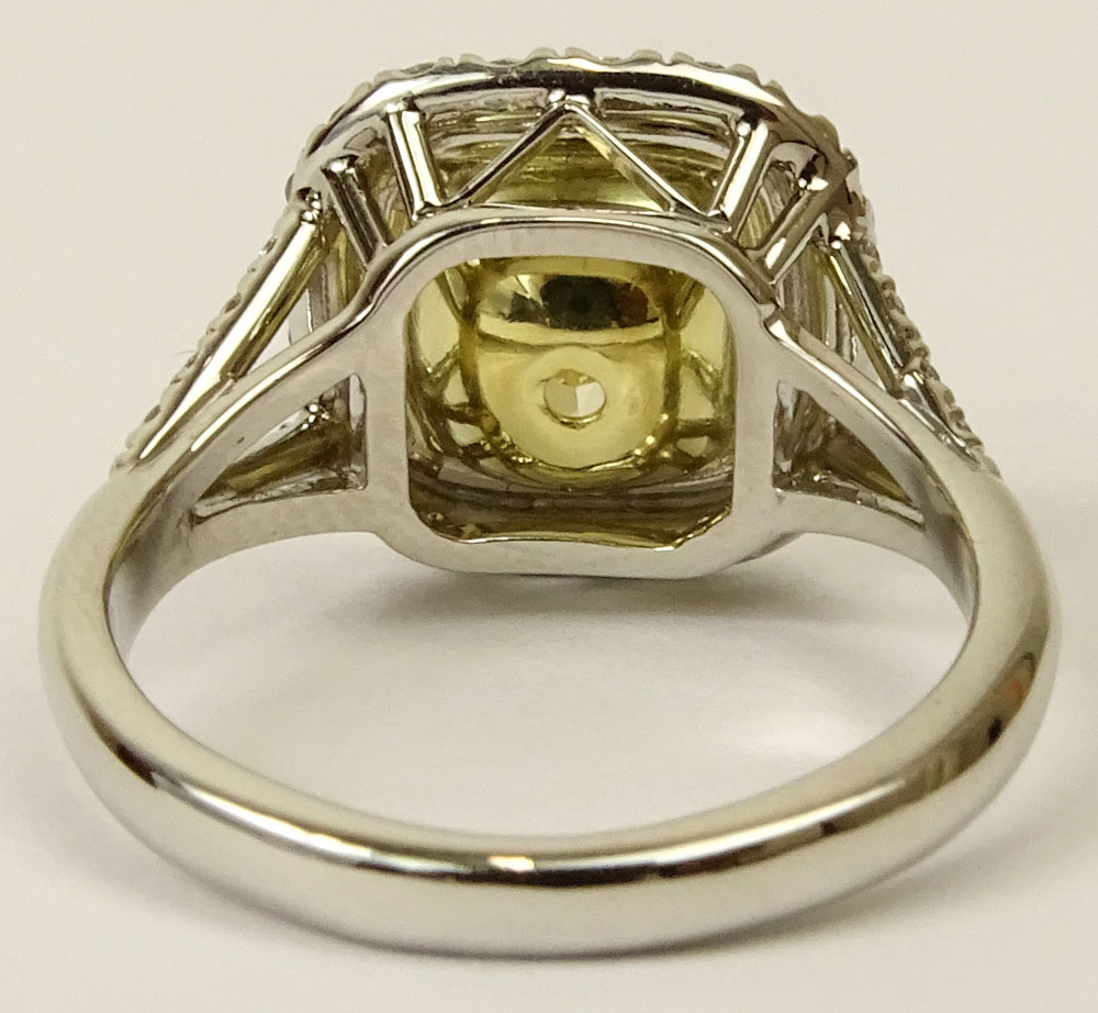 EGL Certified 2.14 Carat Cushion Cut Fancy Intense Yellow Diamond and Platinum Engagement Ring