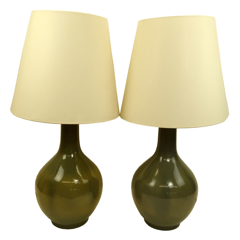 Large Pair of Mid Century Modern Bulbous Composite Lamps with oversize cardboard shades.