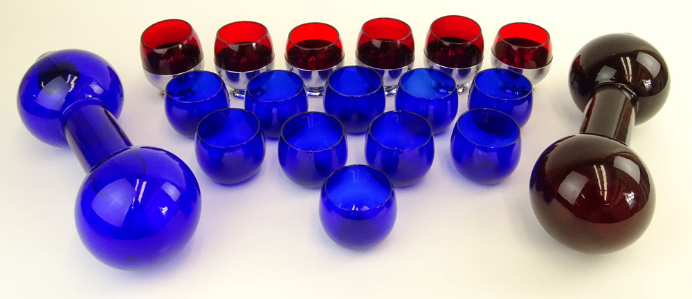 Art Deco circa 1930's Eighteen (18) Piece Cobalt Blue and Ruby Red Glass and Chase Company Liquor Set.