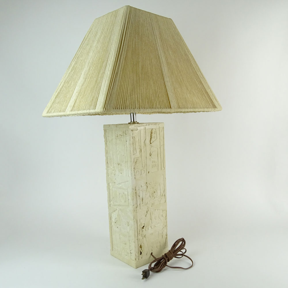 Mid Century Modern Carved Marble Paneled Lamp With Mid Century Silk Threaded Shade.