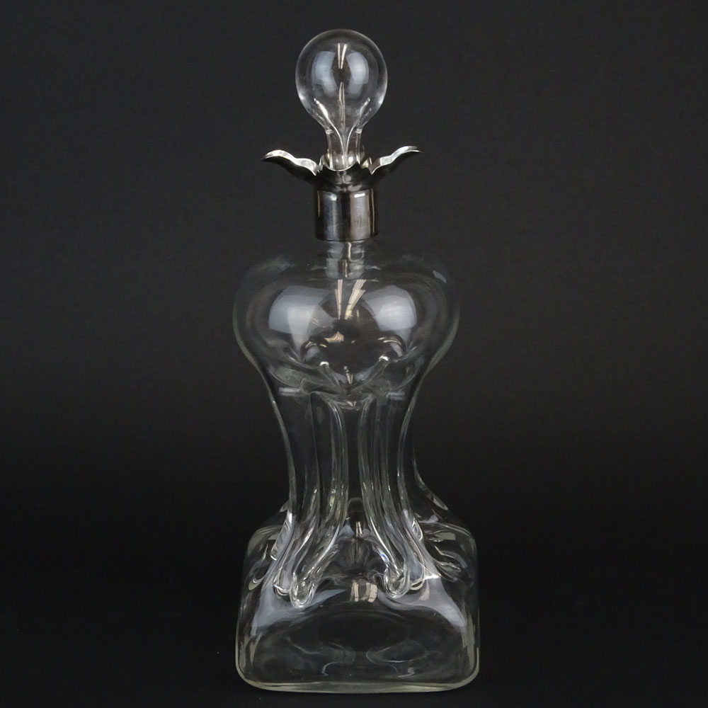 Late 19th Century English Blown Pinched Glass Decanter with Sterling Silver Rim. Polished pontil.