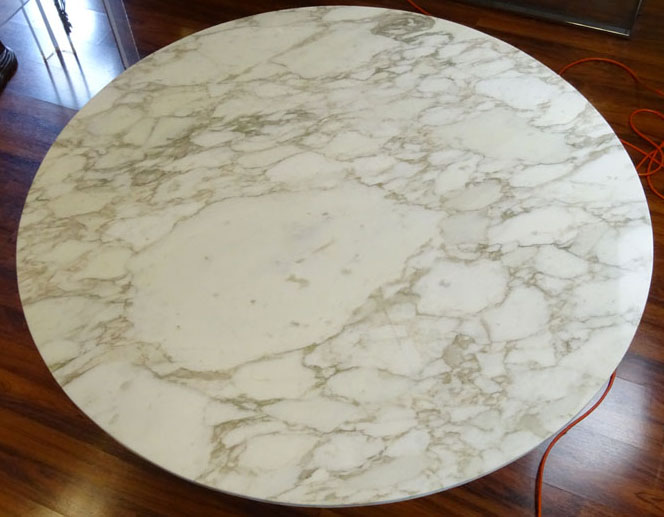 Mid Century Modern Brueton or Brueton style Marble Top Table on Chrome Pedestal Base.
