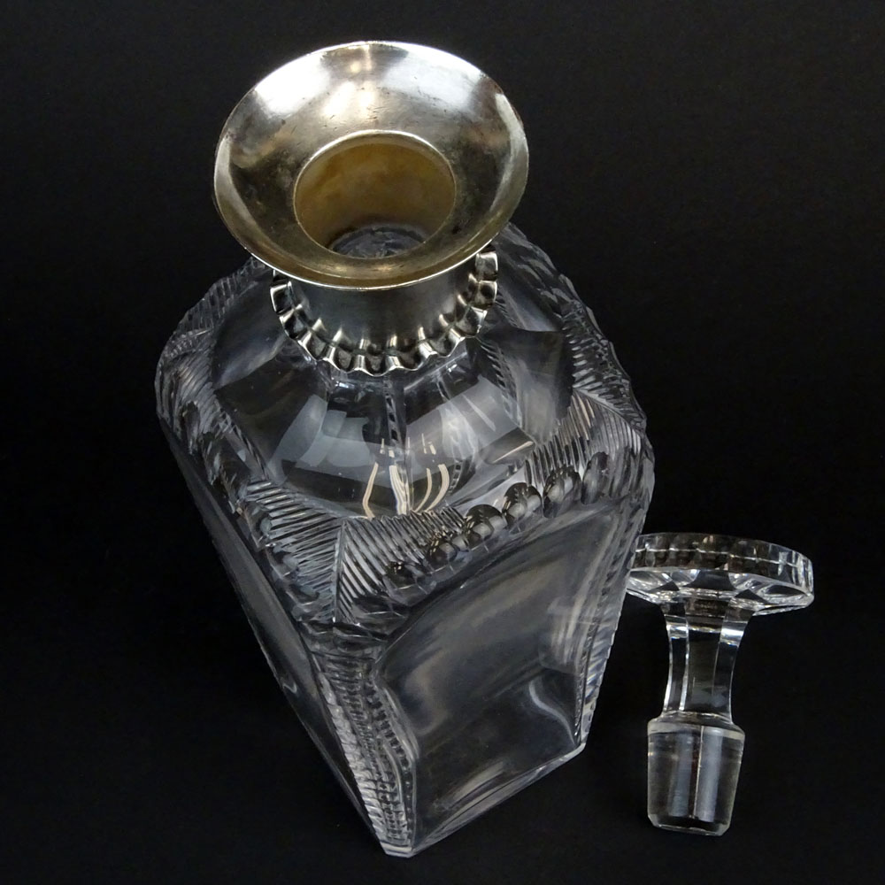 Early 20th Century English Cut Crystal Decanter With Sterling Rim. Cut and polished pontil.