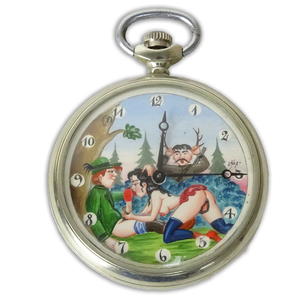 Vintage Hand painted Erotic Open Face Pocket watch.