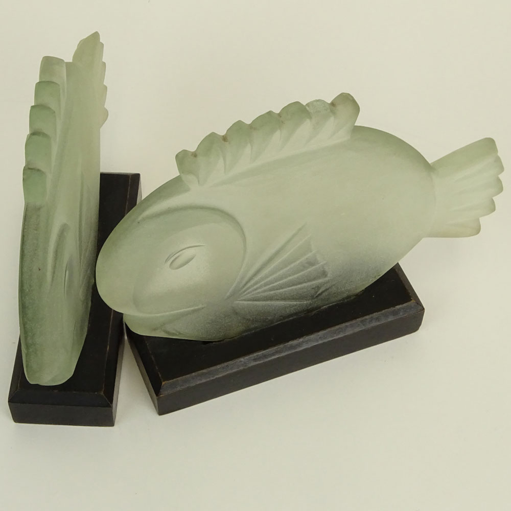 Pair Art Deco Frosted Crystal Fish Figurines in Stands.