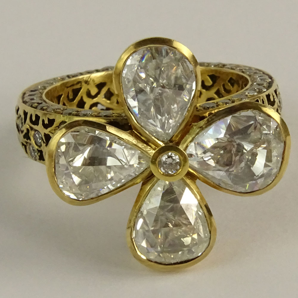 Art Deco style Approx. 4.0+ Carat Rose Cut Diamond and 18 Karat Yellow Gold Flower Ring.