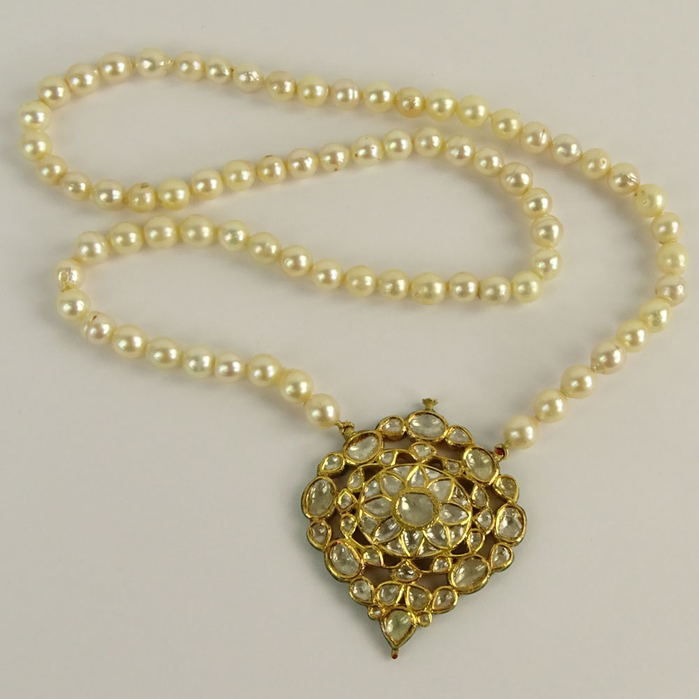 Mughal style Pearl Necklace with Rose Cut Diamond and 22 Karat Yellow Gold Pendant.