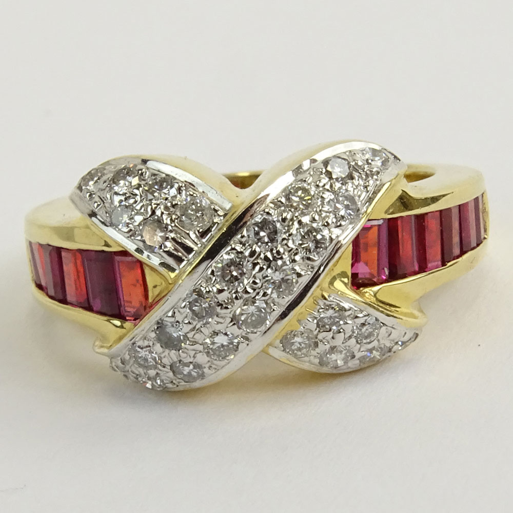 Vintage Approx. 1.66 Carat Ruby, .63 Carat Round Brilliant Cut Diamond and 14 Karat Yellow Gold Cross Over Ring