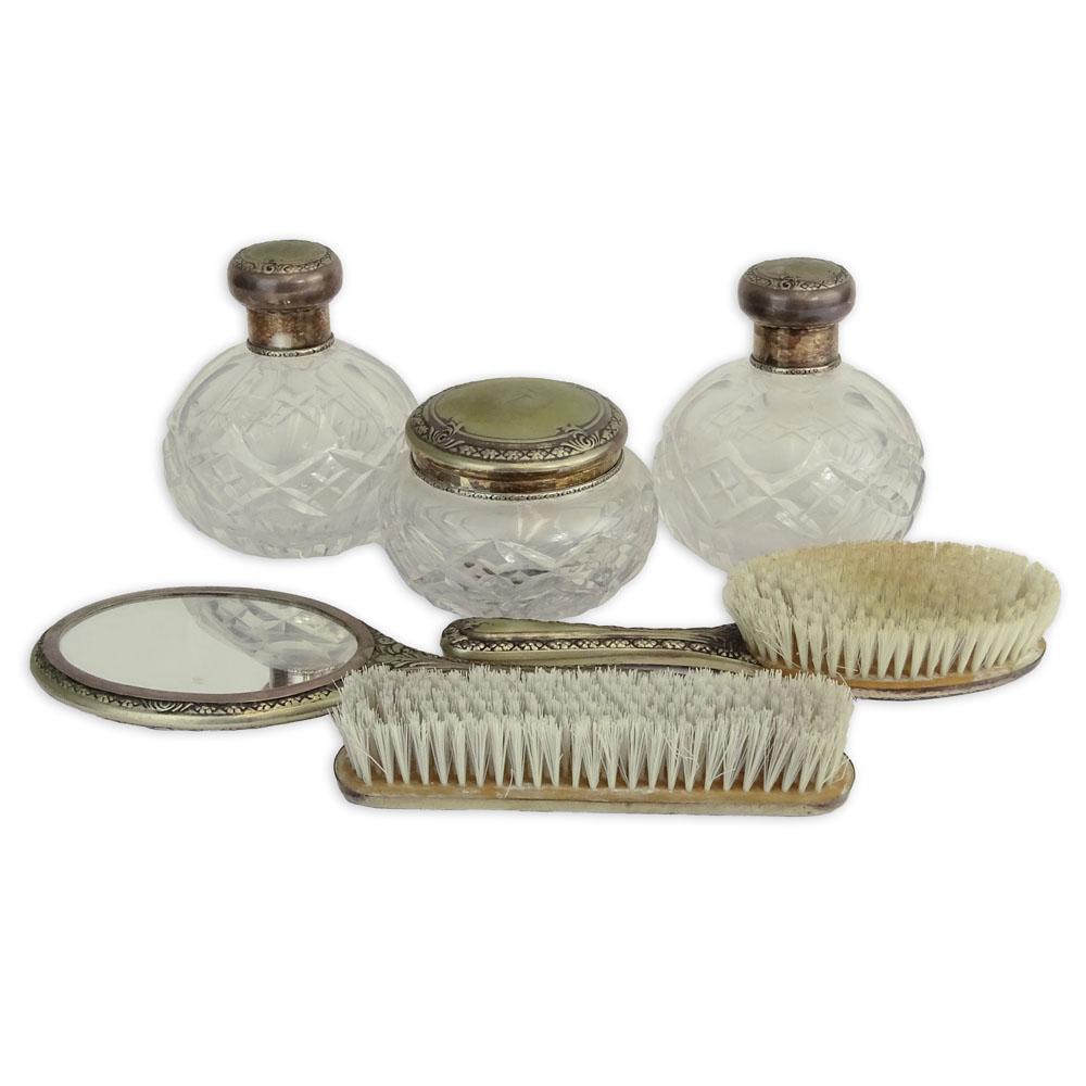 Antique Six (6) Piece Silver and Crystal Vanity Set.