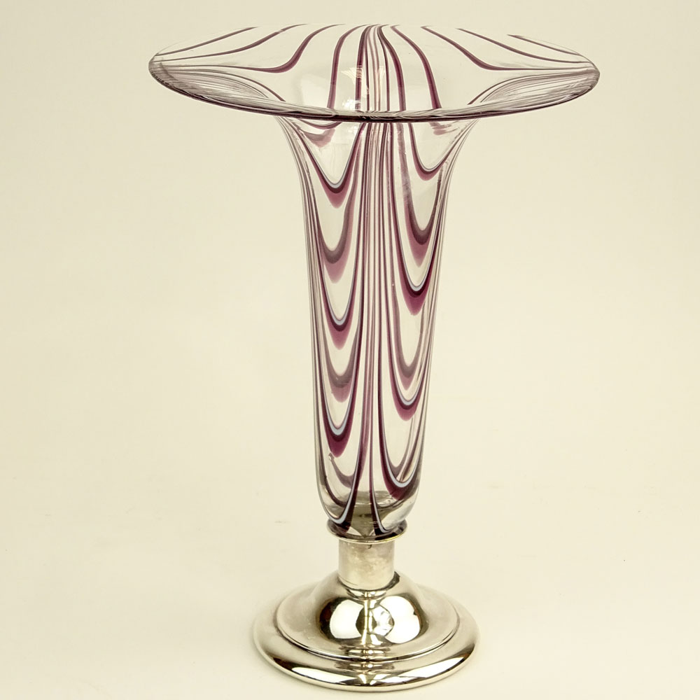 Modern Art Glass Vase With Silver Plate Base.