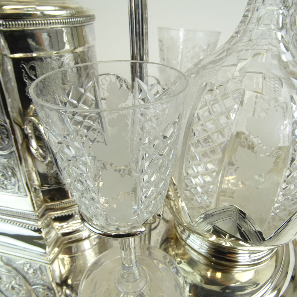 Fine Antique English Silverplate and Crystal Seven (7) Piece Decanter Set with Biscuit Box.