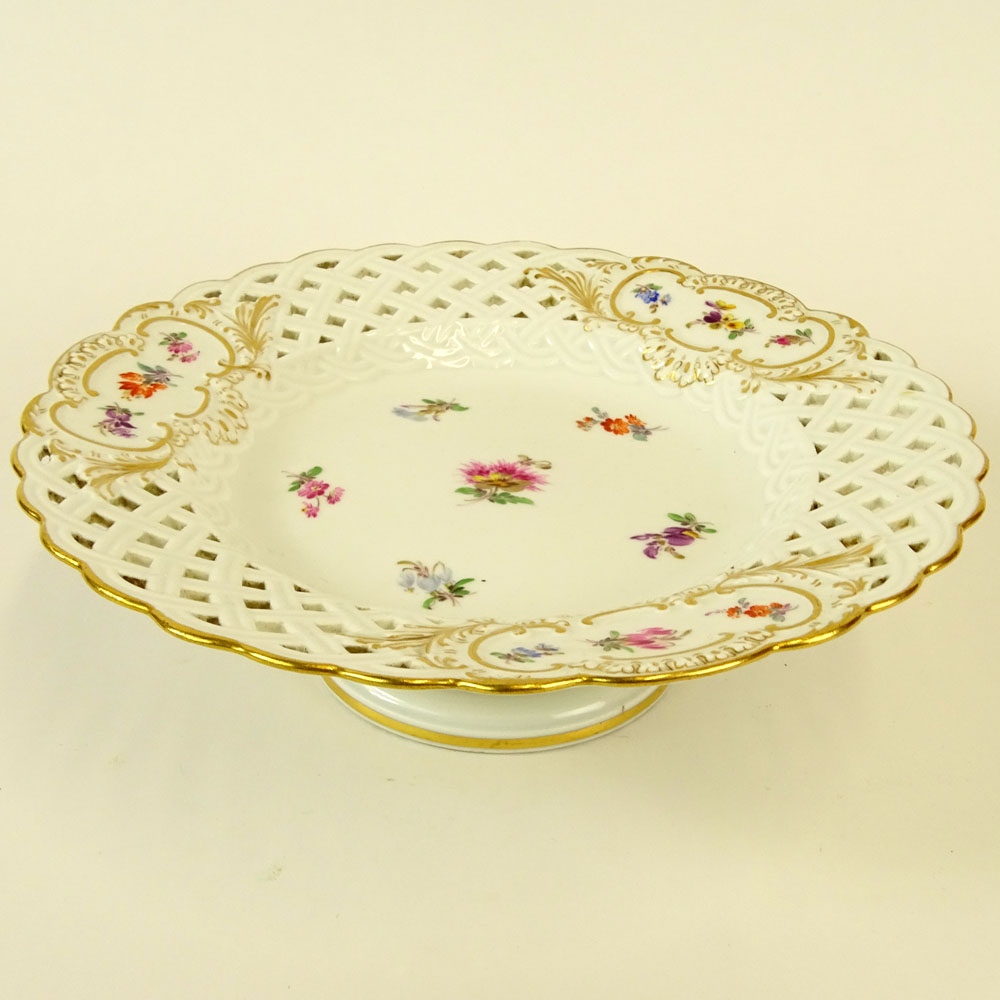 Meissen Hand Painted Reticulated Porcelain Compote.