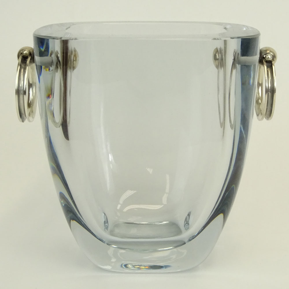 Mid Century Stromberg Shyttan Heavy Ice Blue Crystal Ice Bucket with Silver Ring Handles.