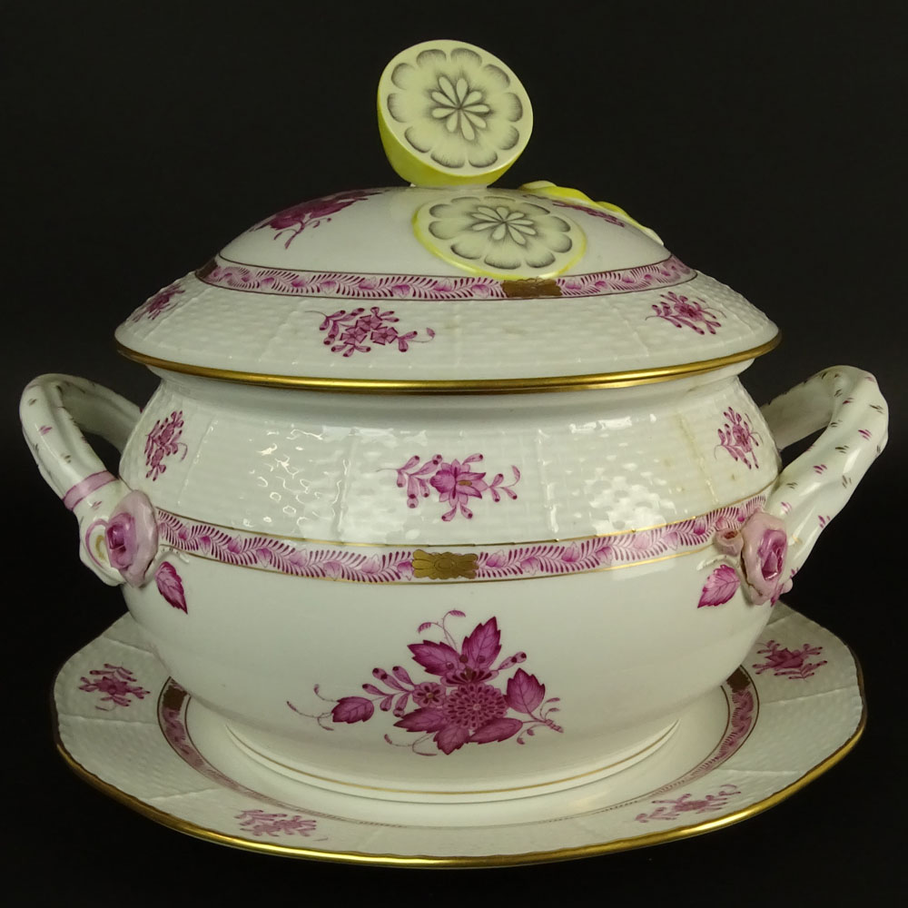 Herend Chinese Bouquet Raspberry Lemon Finial Large Tureen and Underplate.