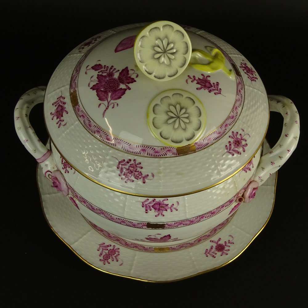 Herend Chinese Bouquet Raspberry Lemon Finial Large Tureen and Underplate.
